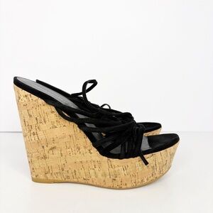 Stuart Weitzman Histrung Black Suede Lace-Up Cork Wedge Sandal Size 9